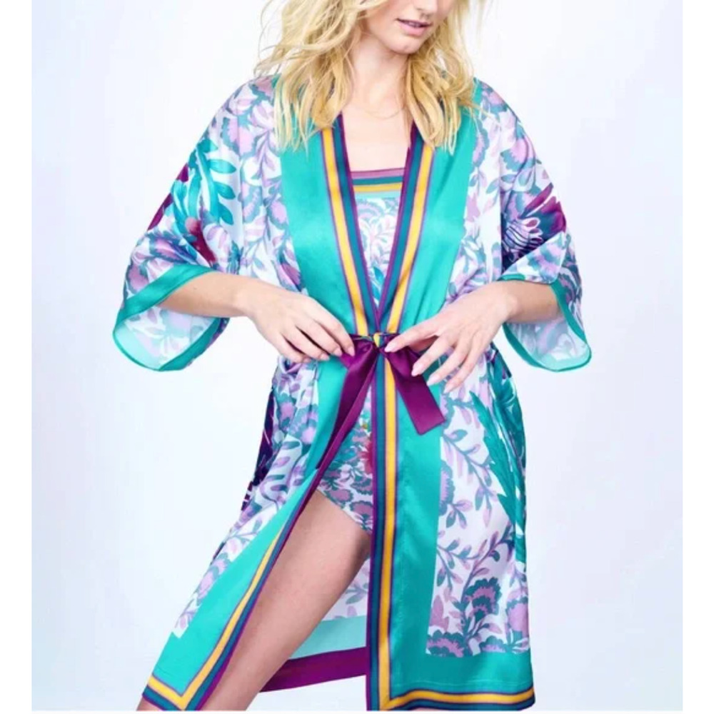 NWT GOTTEX BALI FLORAL KIMONO ROBE SWIM COVER-UP TIE FRONT SZ M